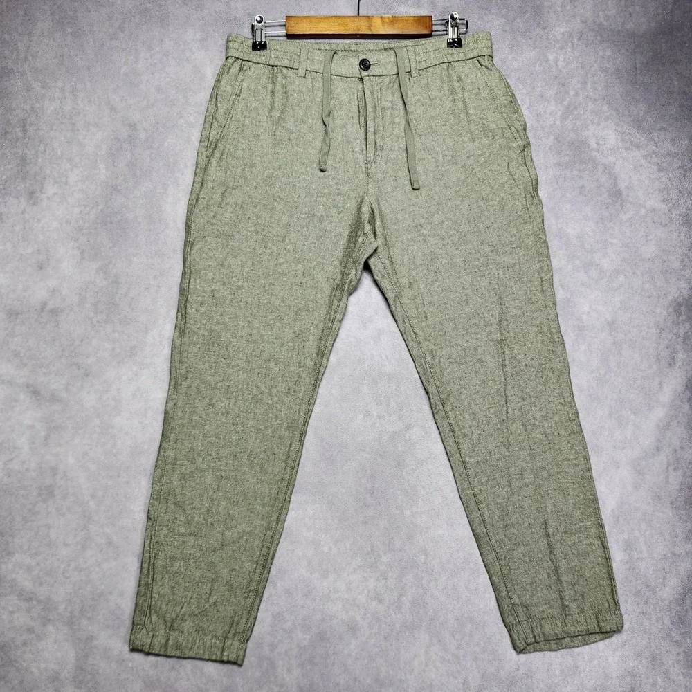 Banana Republic Mens 32x27 Athletic Linen Pants Olive Green Drawstring Casual